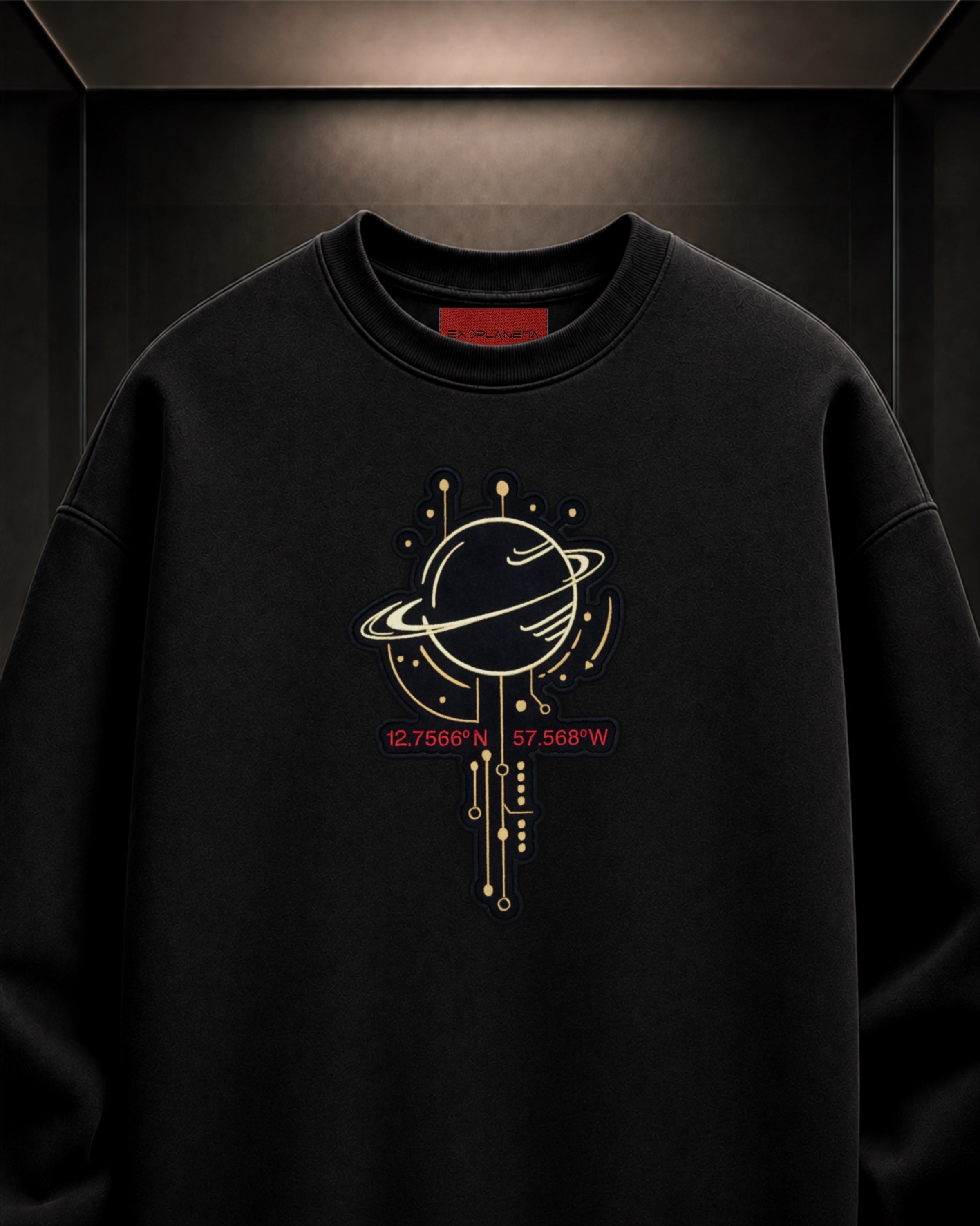 Detalle del bordado ATLAS N en sudadera negra EXOPLANETA